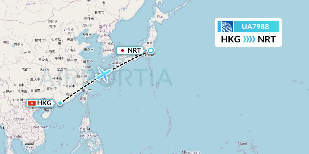 UA7988 United Airlines Flight Map: Hong Kong to Tokyo