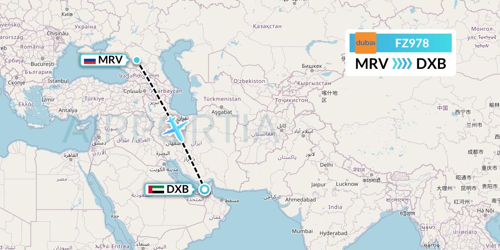FZ978 FlyDubai Flight Map: Mineralnye Vody to Dubai