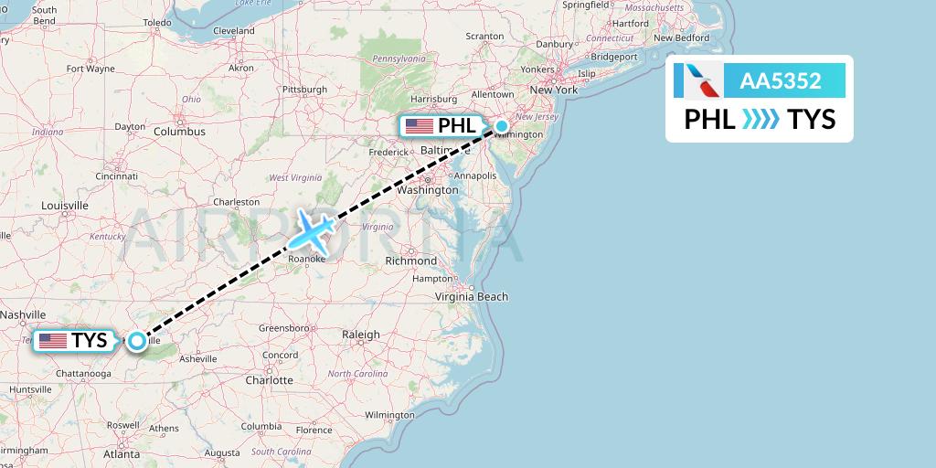 AA5352 American Airlines Flight Map: Philadelphia to Knoxville