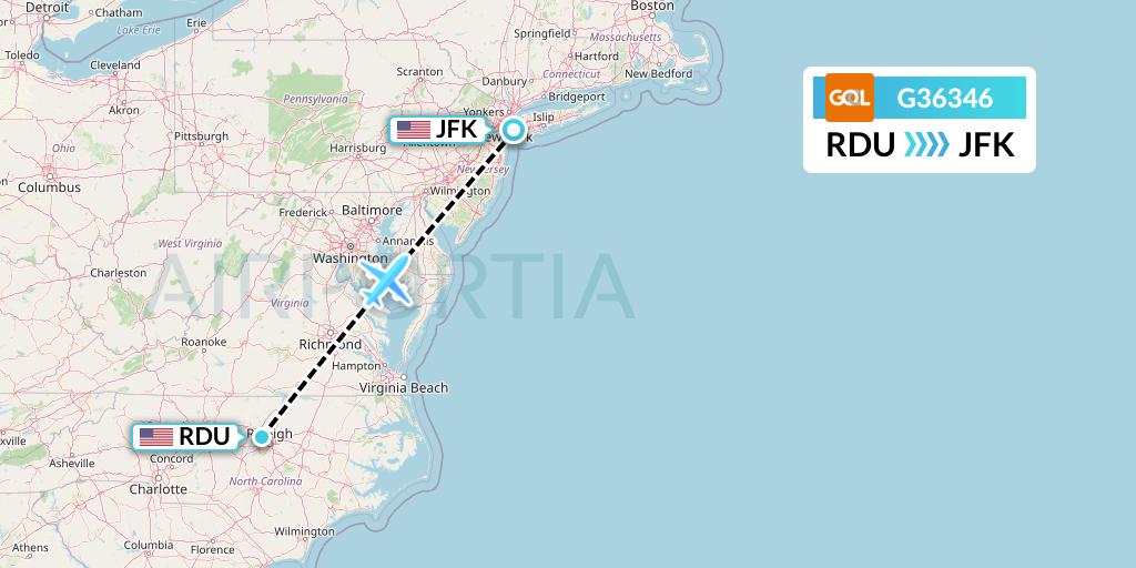 G36346 GOL Transportes Aeros Flight Map: Raleigh-Durham to New York