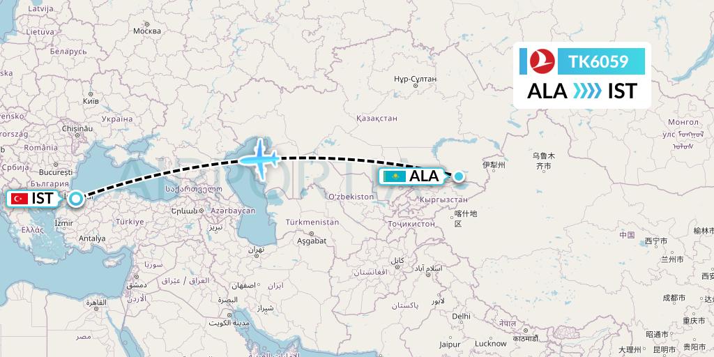 TK6059 Turkish Airlines Flight Map: Almaty to Istanbul