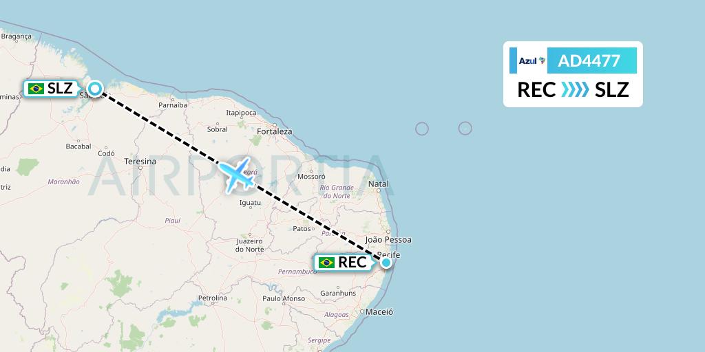 AD4477 Azul Brazilian Airlines Flight Map: Recife to Sao Luis