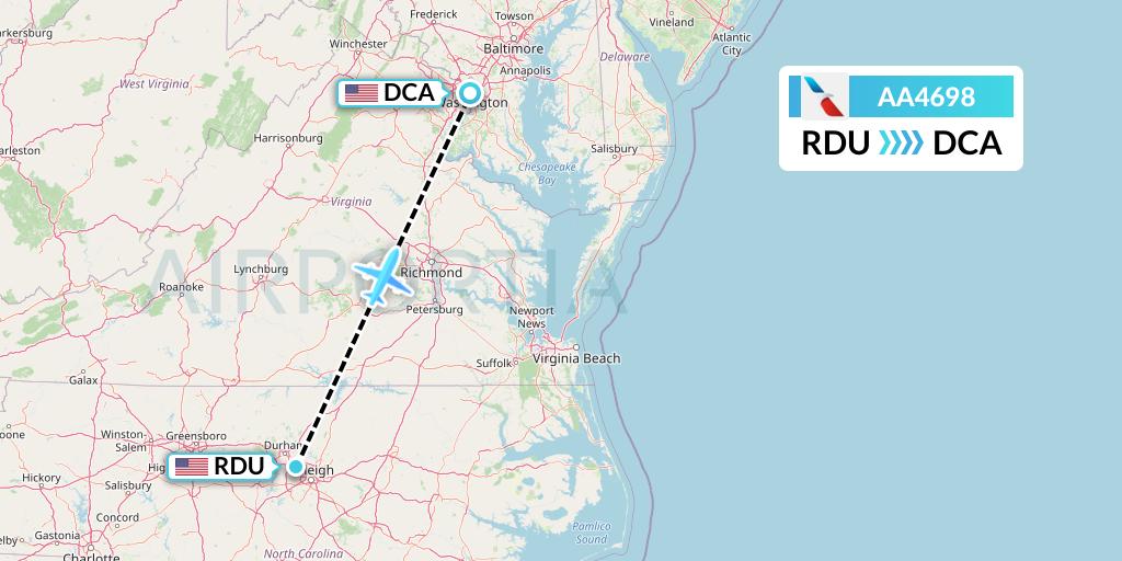 AA4698 American Airlines Flight Map: Raleigh-Durham to Washington