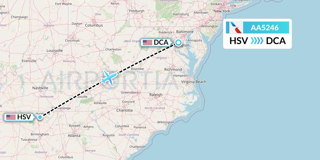 AA5246 American Airlines Flight Map: Huntsville to Washington
