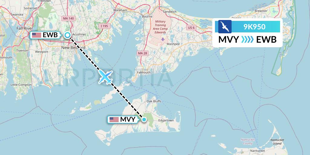 9K950 Cape Air Flight Map: Martha's Vineyard to New Bedford