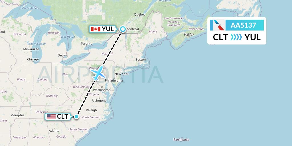 AA5137 American Airlines Flight Map: Charlotte to Montreal