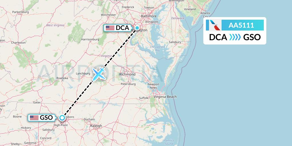 AA5111 American Airlines Flight Map: Washington to Greensboro