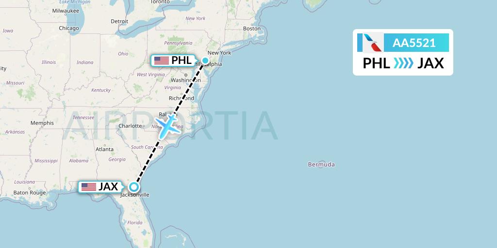AA5521 American Airlines Flight Map: Philadelphia to Jacksonville