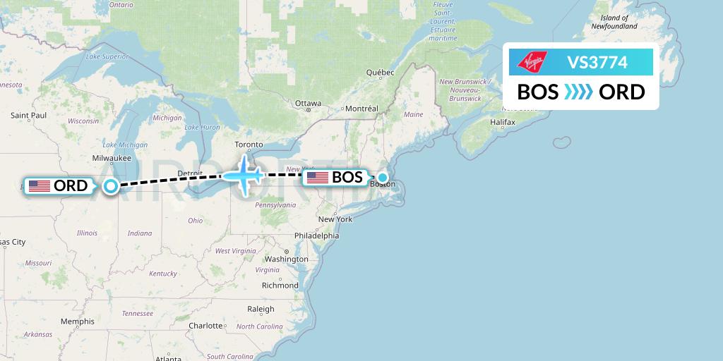 VS3774 Virgin Atlantic Airways Flight Map: Boston to Chicago