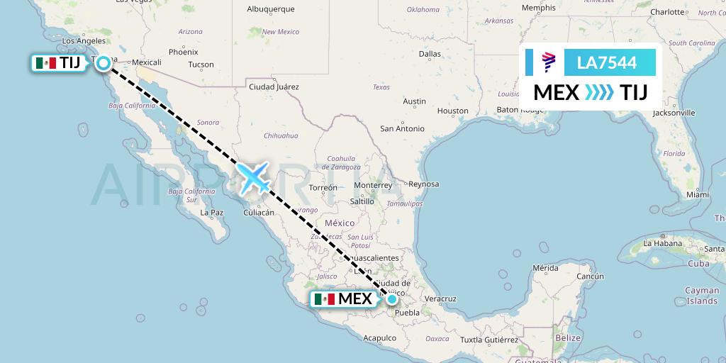 LA7544 LAN Airlines Flight Map: Mexico City to Tijuana