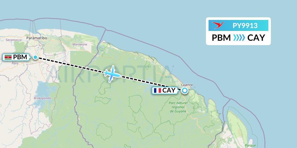 PY9913 Surinam Airways Flight Map: Paramaribo to Cayenne