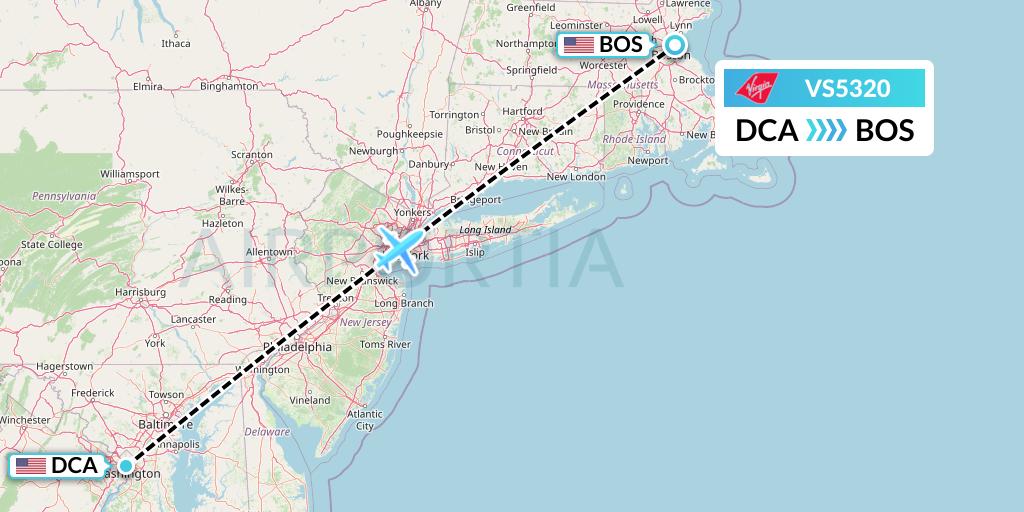 VS5320 Virgin Atlantic Airways Flight Map: Washington to Boston