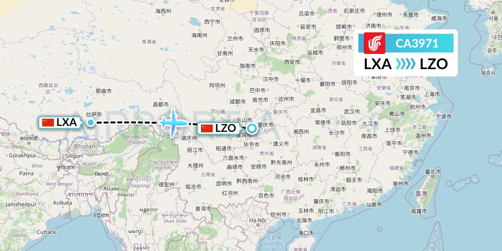 CA3971 Air China Flight Map: Lhasa to Luzhou