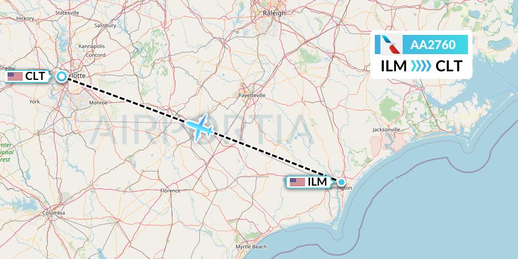 AA2760 American Airlines Flight Map: Wilmington to Charlotte