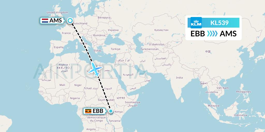 KL539 KLM Flight Map: Entebbe to Amsterdam