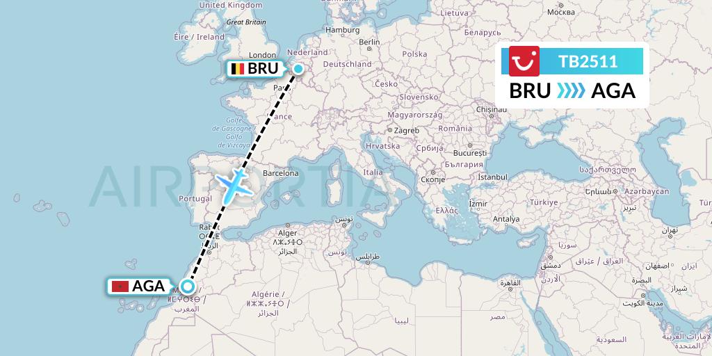 TB2511 TUI fly Belgium Flight Map: Brussels to Agadir