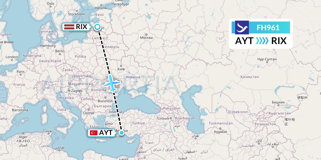 FH961 Freebird Airlines Flight Map: Antalya to Riga