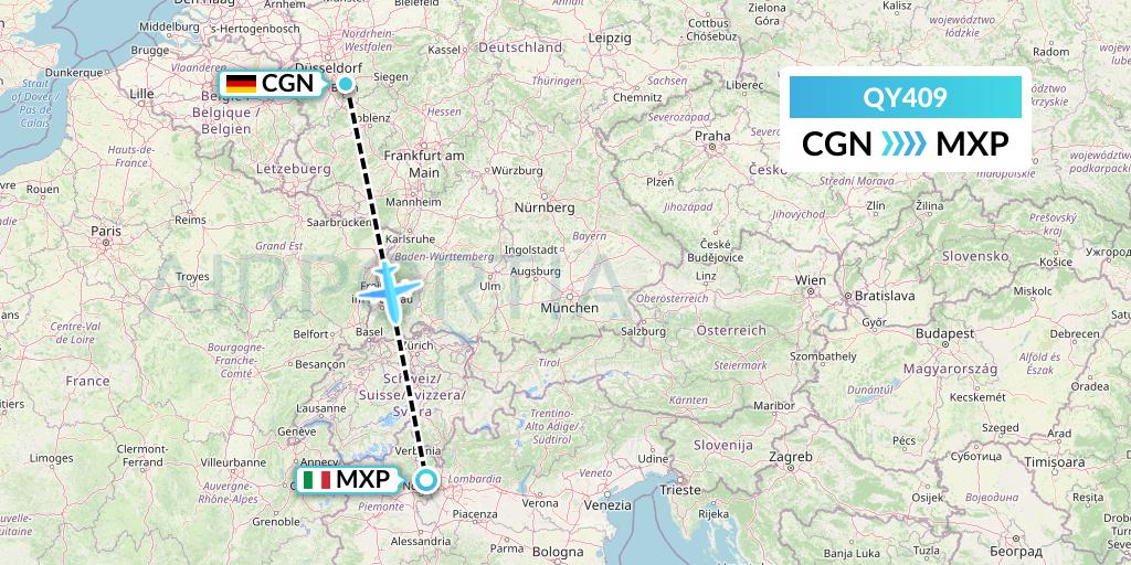 QY409 European Air Transport Flight Map: Cologne to Milan