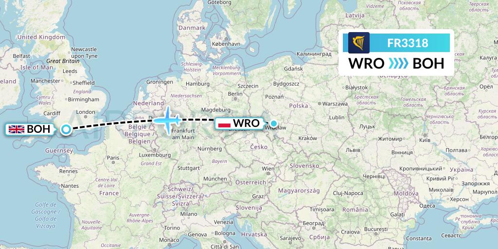 FR3318 Ryanair Flight Map: Wroclaw to Bournemouth