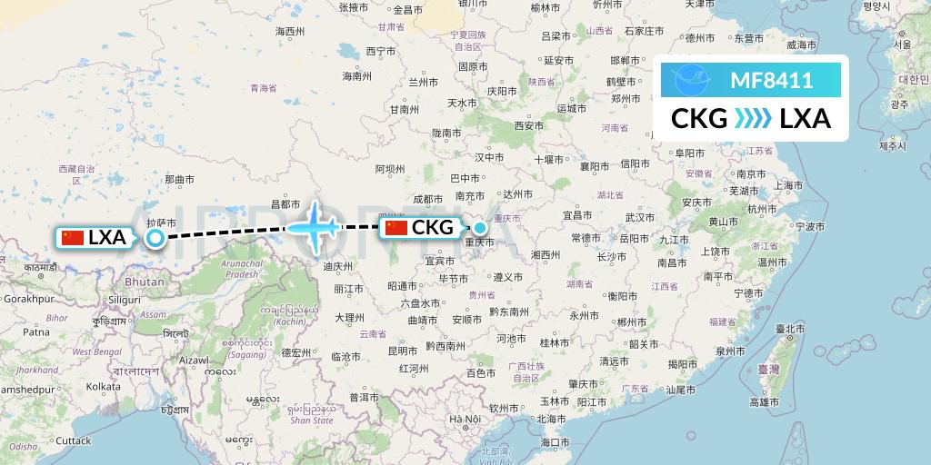 MF8411 Xiamen Airlines Flight Map: Chongqing to Lhasa