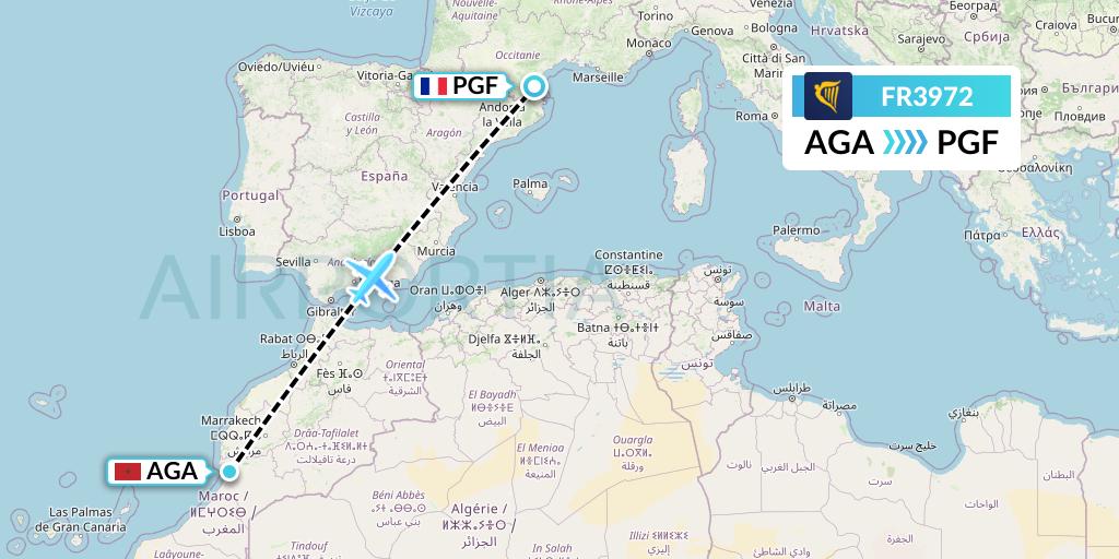 FR3972 Ryanair Flight Map: Agadir to Perpignan