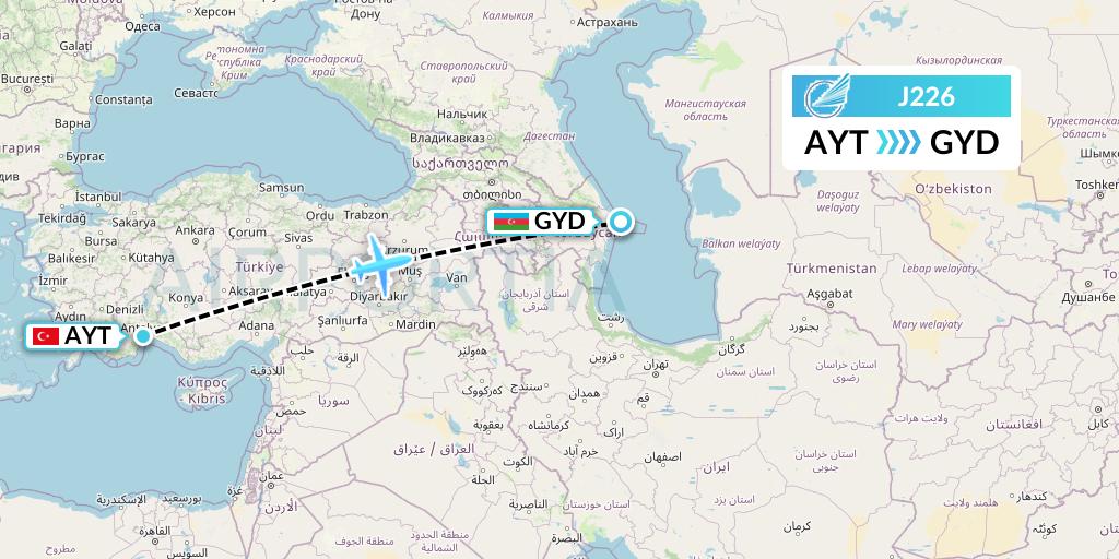 J226 Azerbaijan Airlines Flight Map: Antalya to Baku