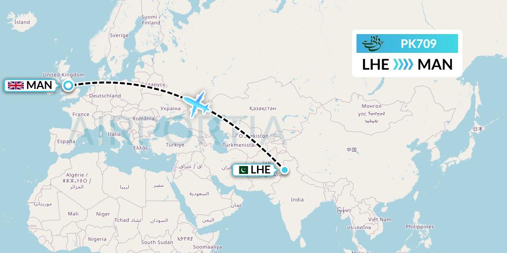 PK709 Pakistan International Airlines Flight Map: Lahore to Manchester