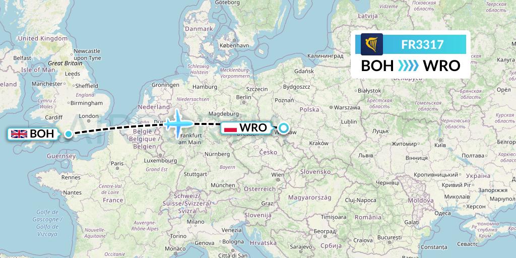 FR3317 Ryanair Flight Map: Bournemouth to Wroclaw