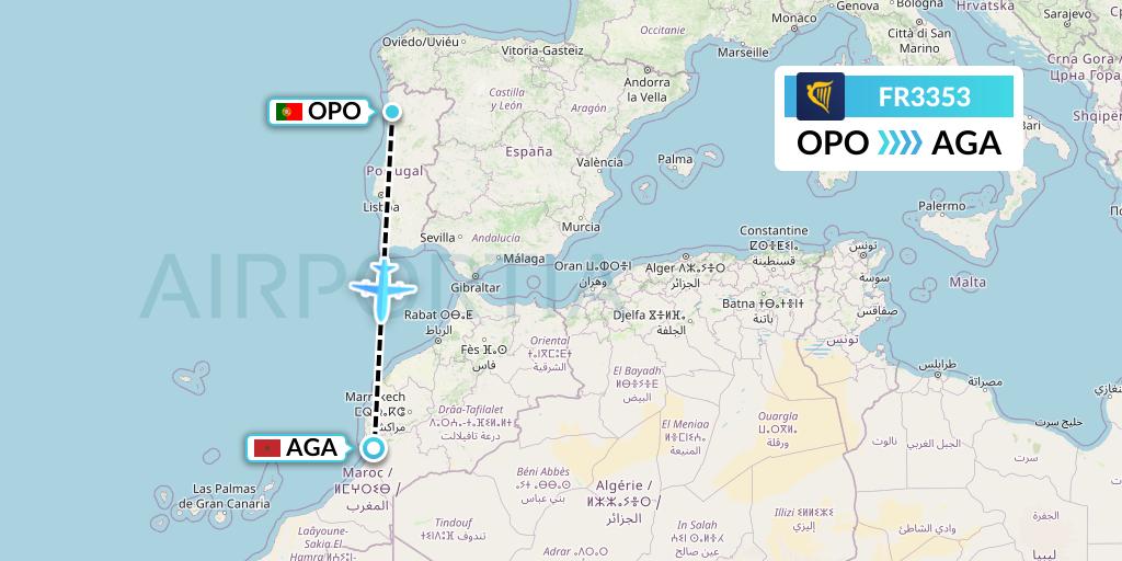 FR3353 Ryanair Flight Map: Porto to Agadir