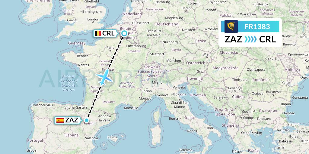FR1383 Ryanair Flight Map: Zaragoza to Brussels