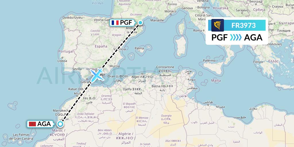 FR3973 Ryanair Flight Map: Perpignan to Agadir