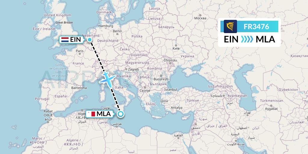 FR3476 Ryanair Flight Map: Eindhoven to Malta