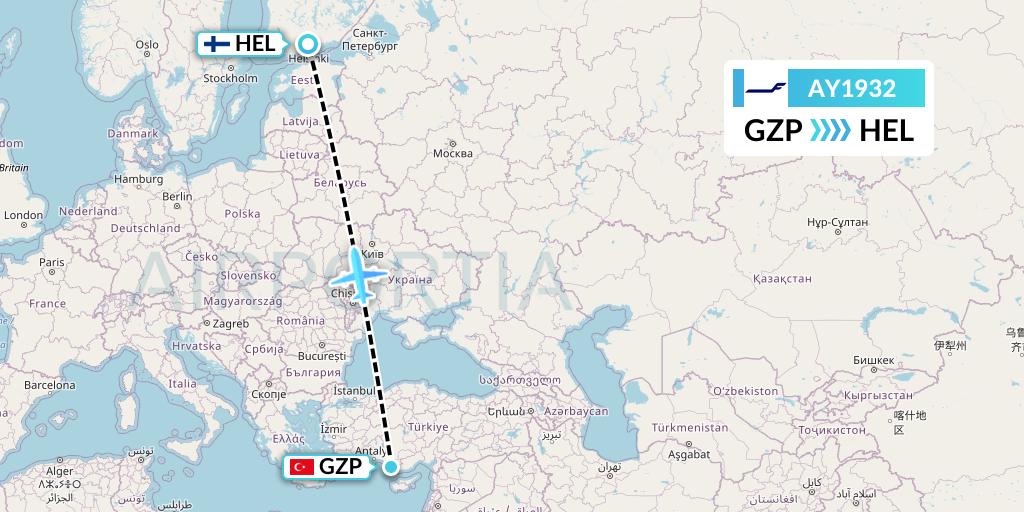 AY1932 Finnair Flight Map: Gazipasa to Helsinki