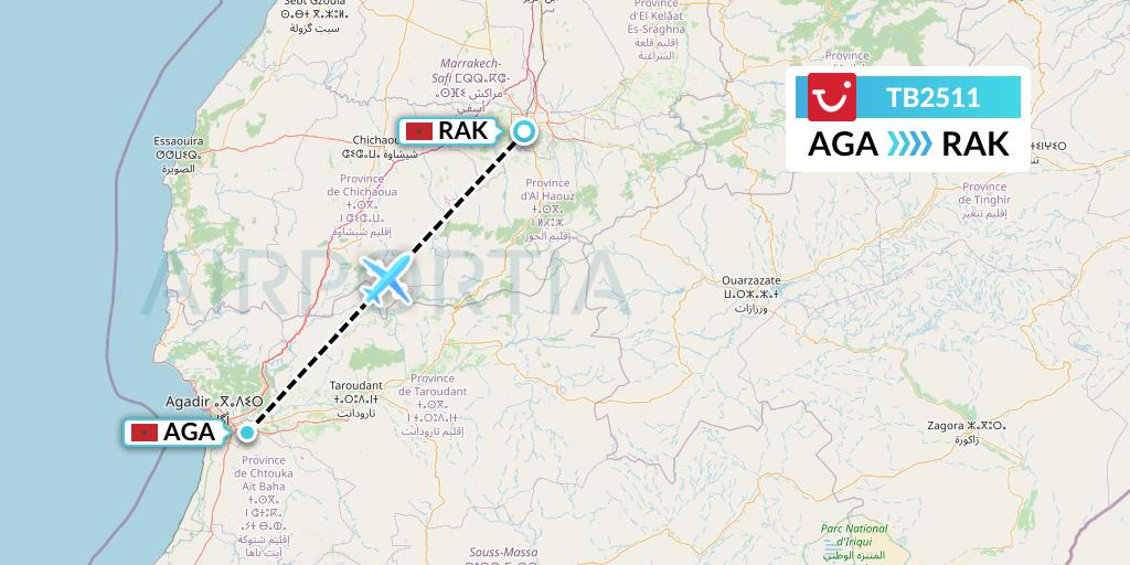 TB2511 TUI fly Belgium Flight Map: Agadir to Marrakesh