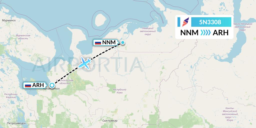 5N3308 Nordavia Flight Map: Naryan-Mar to Arkhangelsk