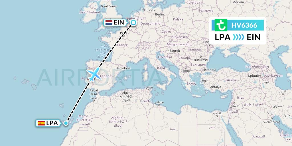 HV6366 Transavia Flight Map: Las Palmas to Eindhoven