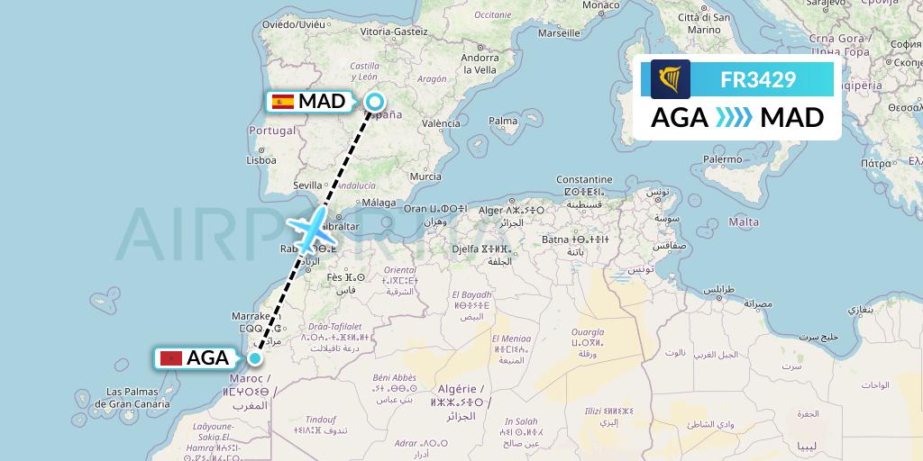FR3429 Ryanair Flight Map: Agadir to Madrid