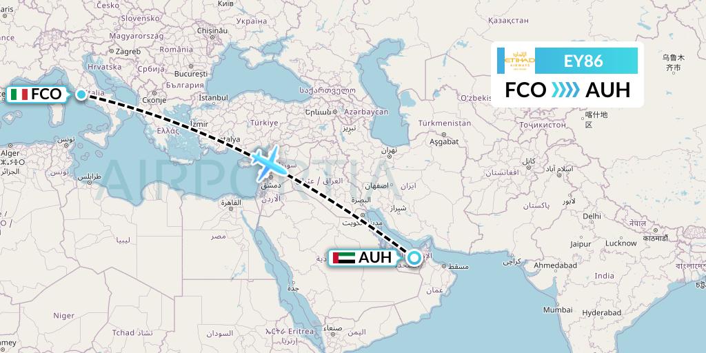 EY86 Etihad Airways Flight Map: Rome to Abu Dhabi