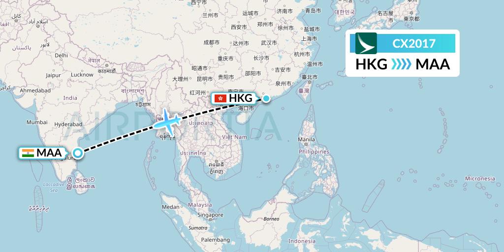 CX2017 Cathay Pacific Flight Map: Hong Kong to Chennai