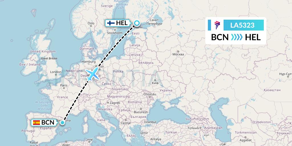 LA5323 LAN Airlines Flight Map: Barcelona to Helsinki