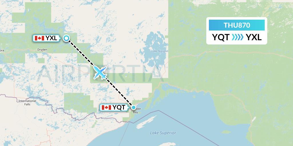 THU870 Thunder Airlines Flight Map: Thunder Bay to Sioux Lookout