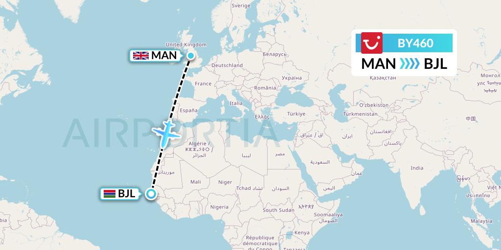 BY460 TUI Airways Flight Map: Manchester to Banjul