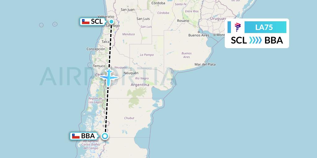 LA75 LAN Airlines Flight Map: Santiago to Balmaceda