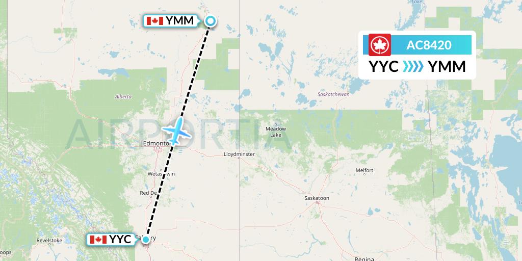 AC8420 Air Canada Flight Map: Calgary to Fort McMurray