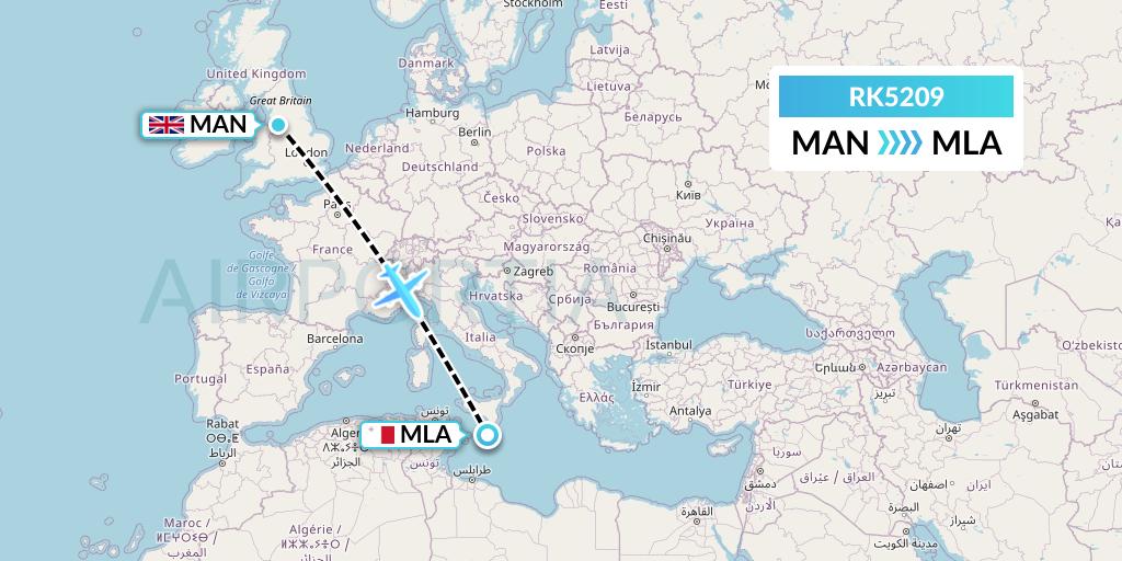 RK5209 Ryanair UK Flight Map: Manchester to Malta