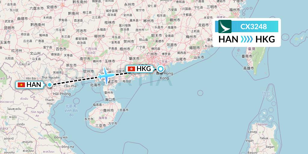 CX3248 Cathay Pacific Flight Map: Hanoi to Hong Kong