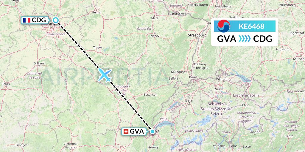 KE6468 Korean Air Flight Map: Geneva to Paris