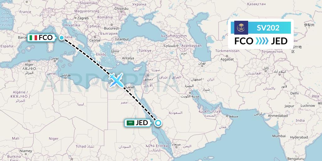 SV202 Saudi Arabian Airlines Flight Map: Rome to Jeddah