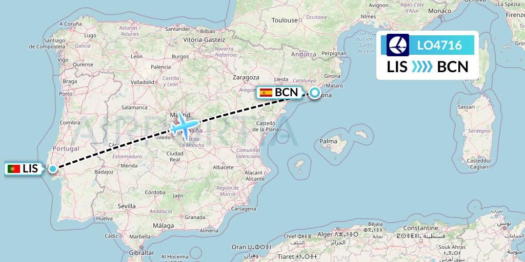 LO4716 LOT Flight Map: Lisbon to Barcelona