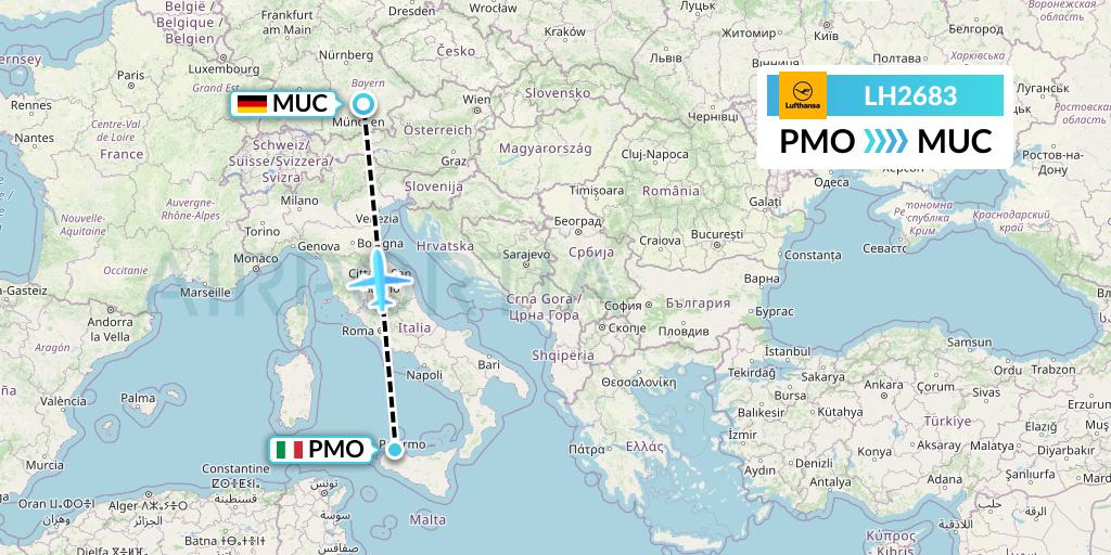 LH2683 Lufthansa Flight Map: Palermo to Munich